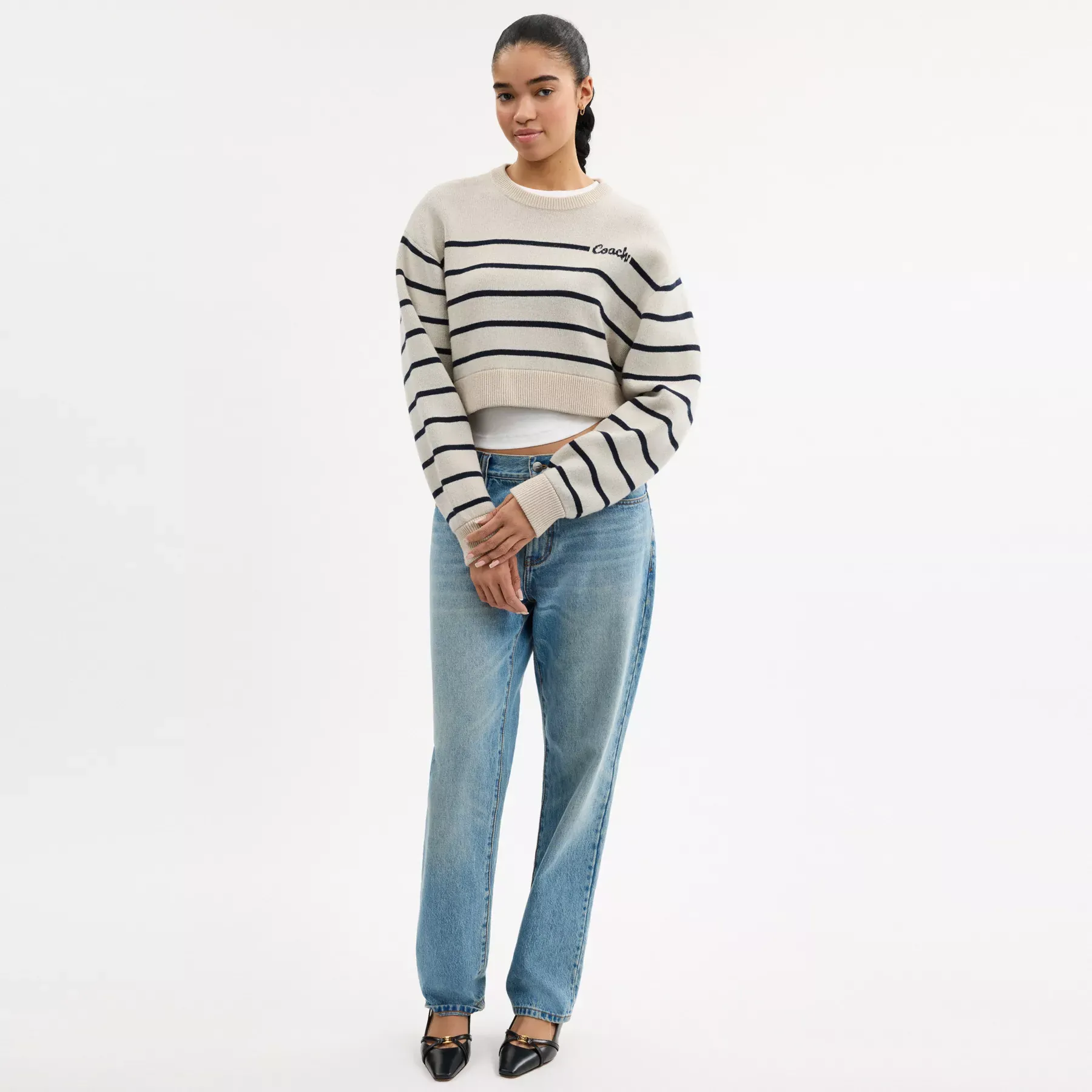 Cursive Signature Striped Cropped Sweater