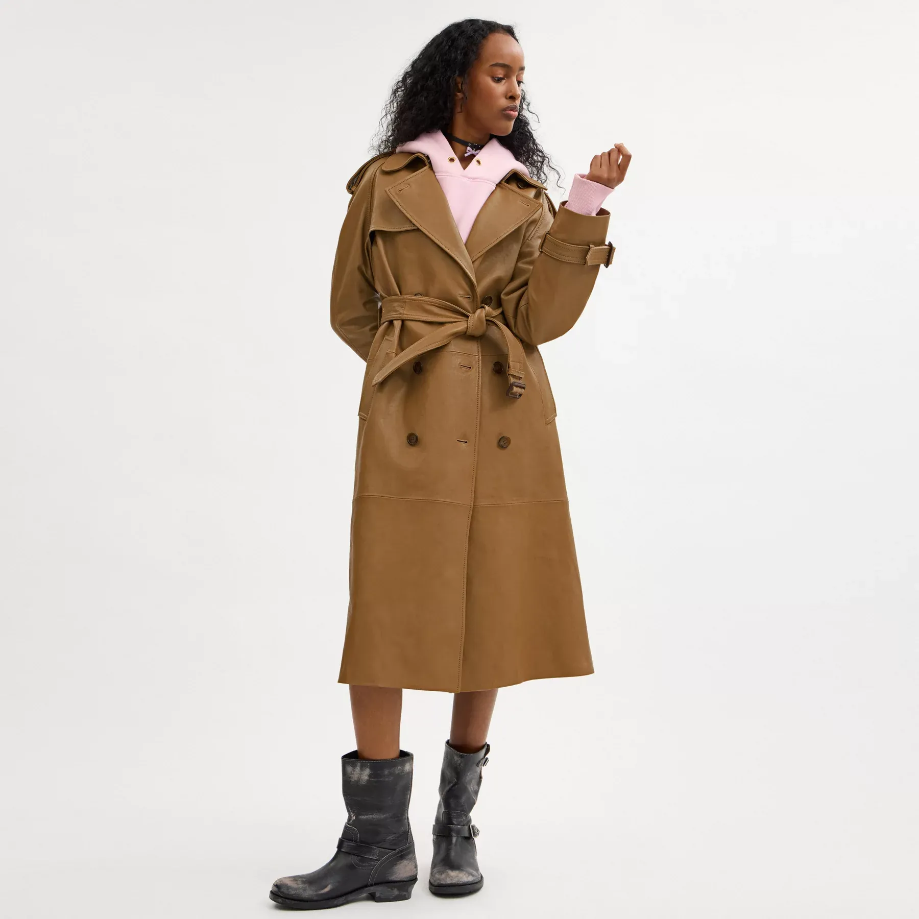 Leather Double Breasted Trench Coat