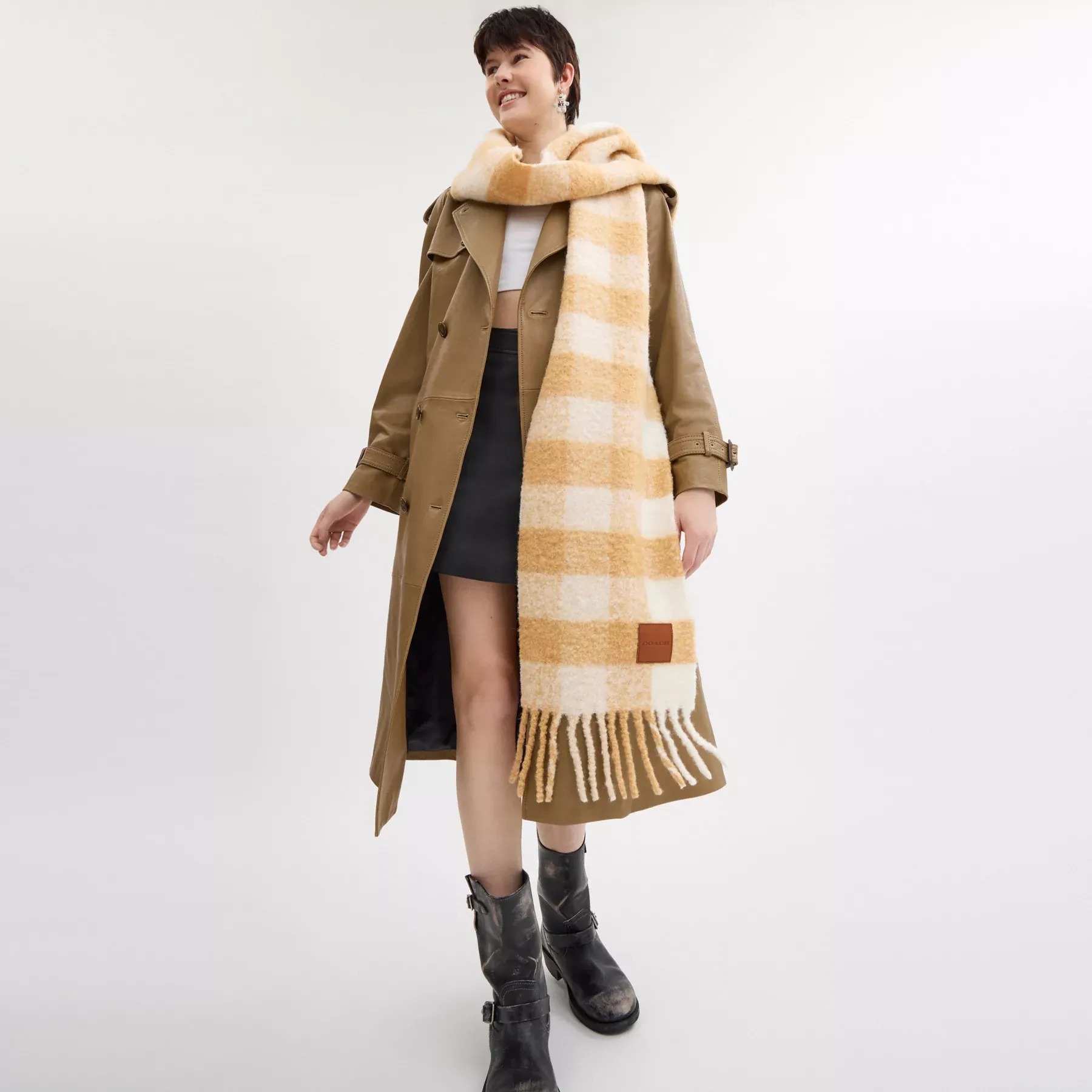 Oversized Plaid Muffler With Leather Patch
